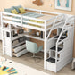 Twin Size Loft Bed with Desk and Shelves  Two Built-in Drawers  Storage Staircase White