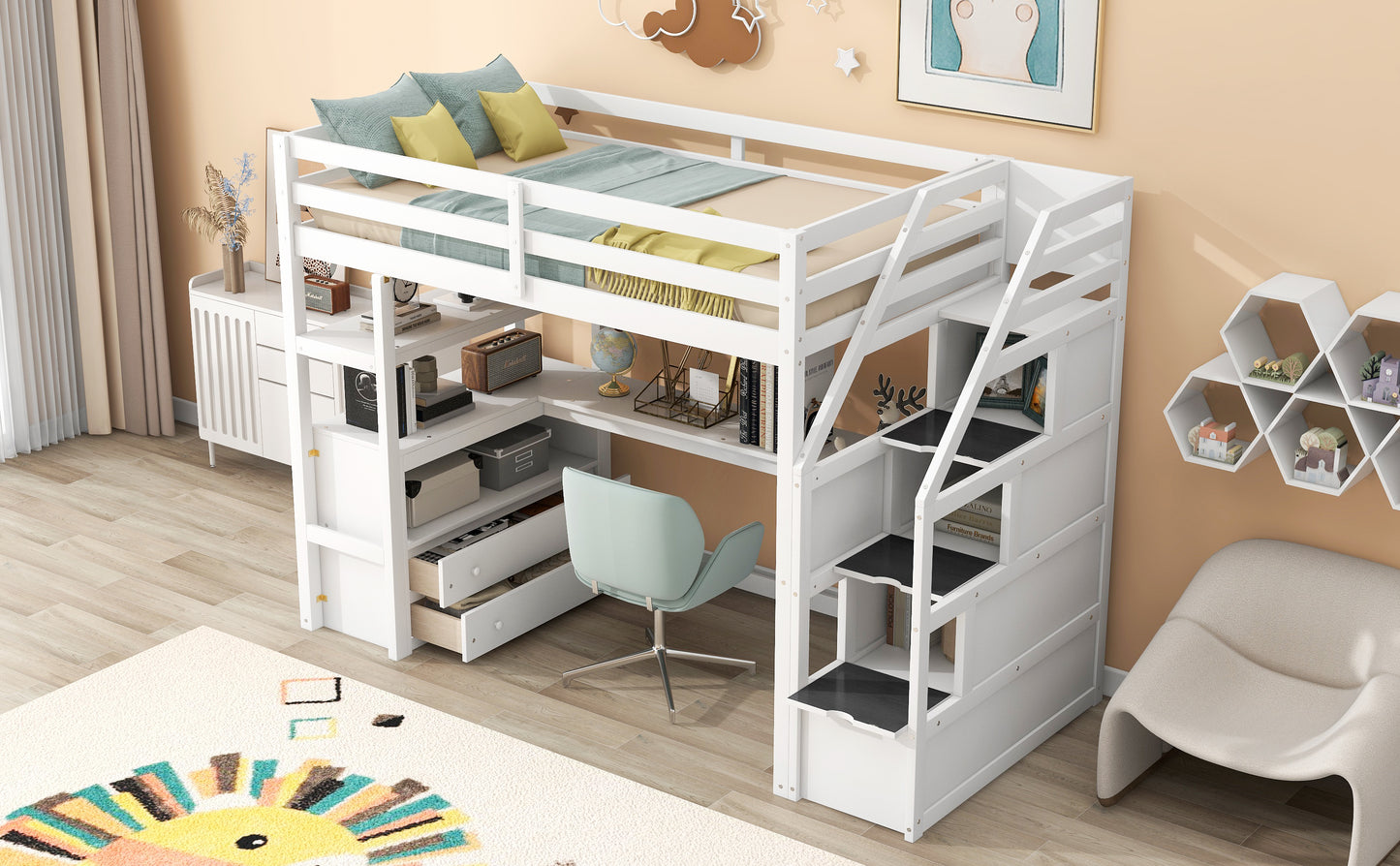 Twin Size Loft Bed with Desk and Shelves  Two Built-in Drawers  Storage Staircase White