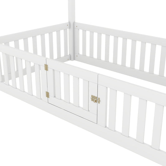 Twin Size Wood House Bed with Fence and Door, White