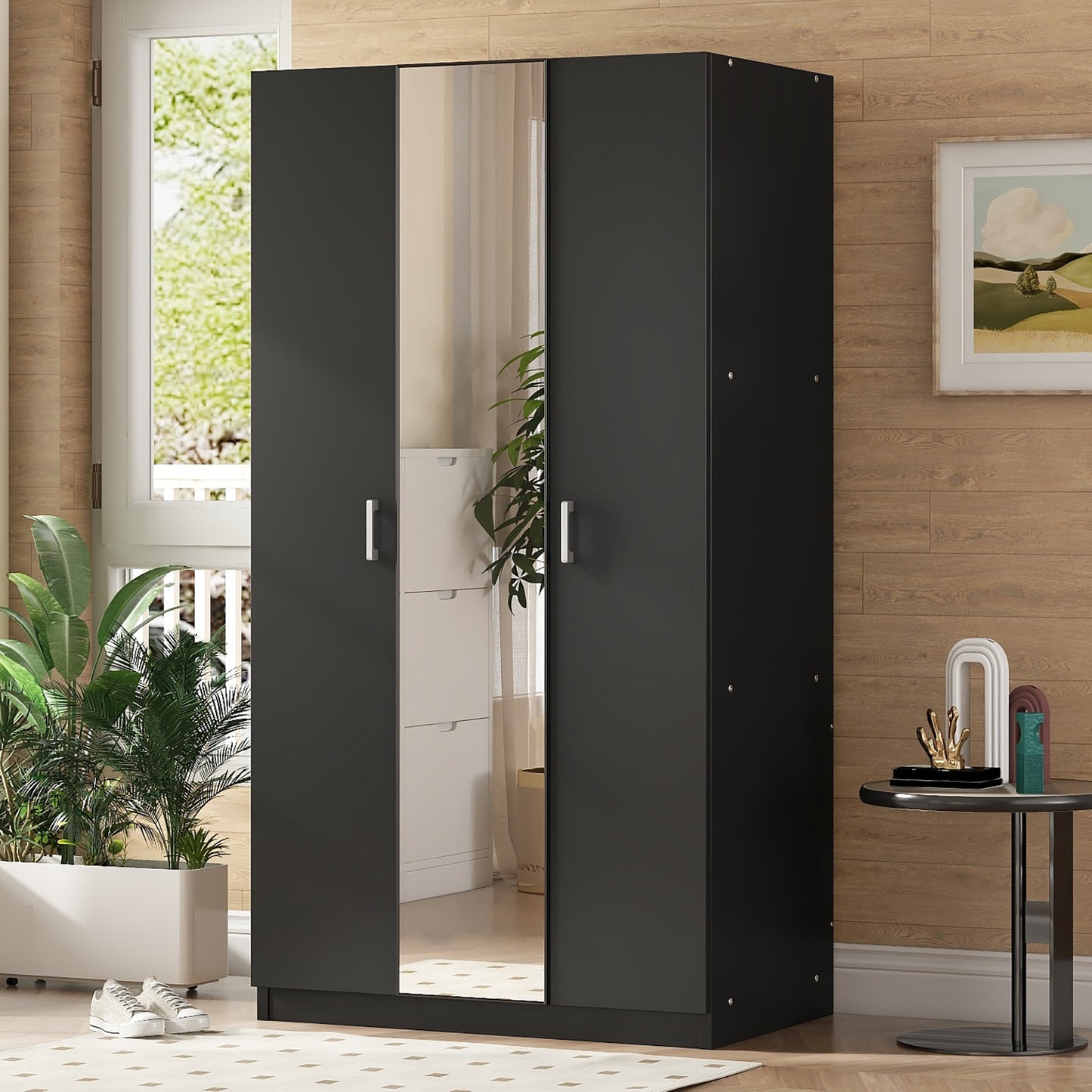 3 Door Wardrobe with Mirror, Armoire with Hanging Rod and 3 Fixed Shelves,Black