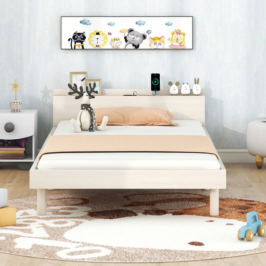 Modern Twin Size Platform Bed Frame with Built-In USB Ports, White Washed Finish for Bedrooms