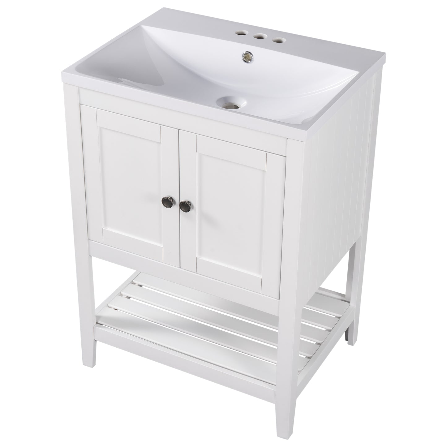 White Modern Sleek Bathroom Vanity Elegant Ceramic Sink with Solid Wood Frame Open Style Shelf