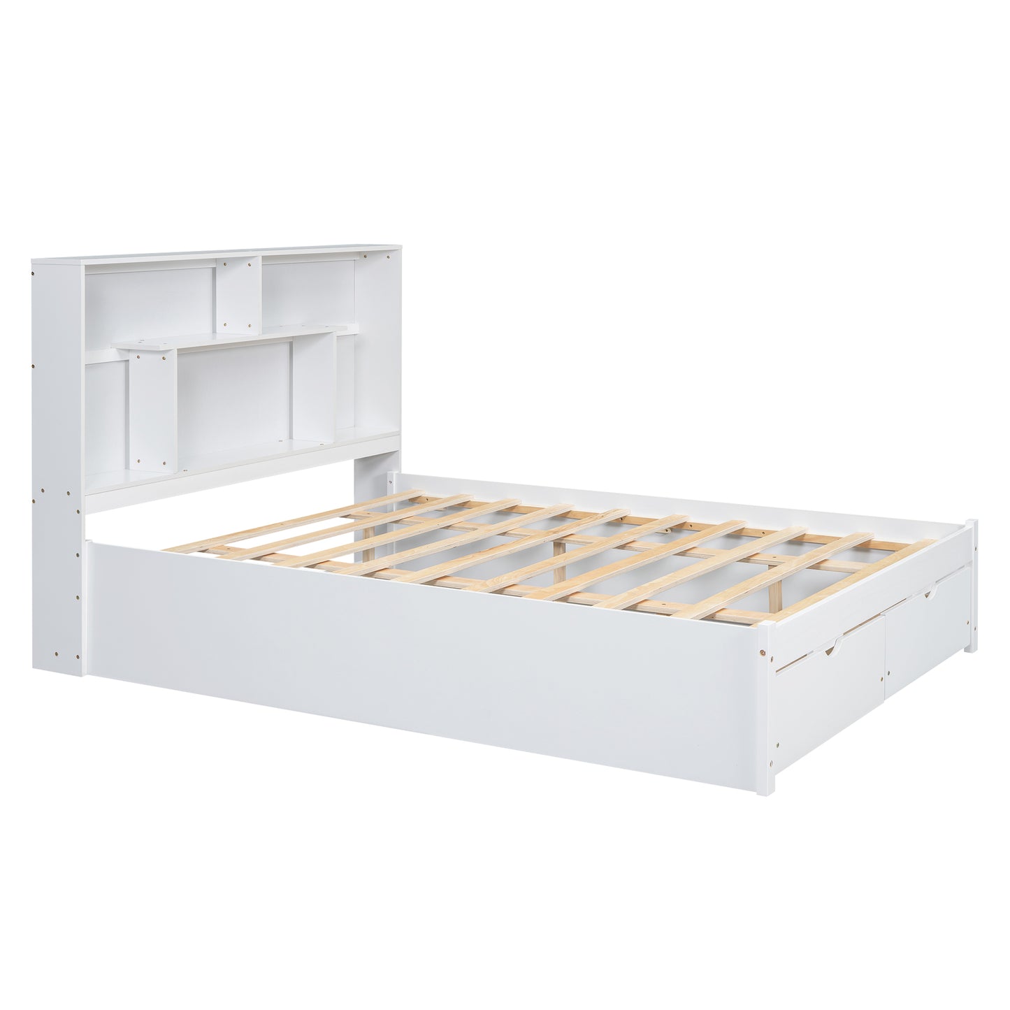 Queen Size Platform Bed with Storage Headboard and 2 Drawers, White