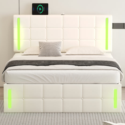 Cama tapizada de tamaño completo con luces LED, sistema de almacenamiento hidráulico y estación de carga USB, acabado blanco