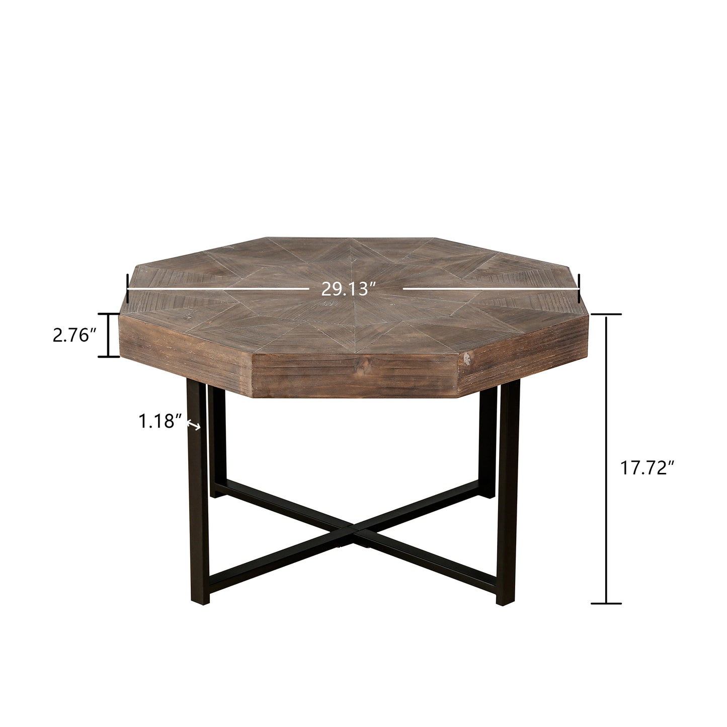 Wooden octagonal retro patchwork craft 30 inch wooden tabletop cross metal leg coffee table (antique brown)