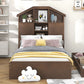 Twin Size Wood Platform Bed with House-shaped Storage Headboard and 2 Drawers Walnut