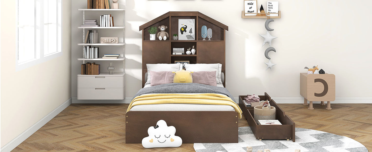 Twin Size Wood Platform Bed with House-shaped Storage Headboard and 2 Drawers Walnut