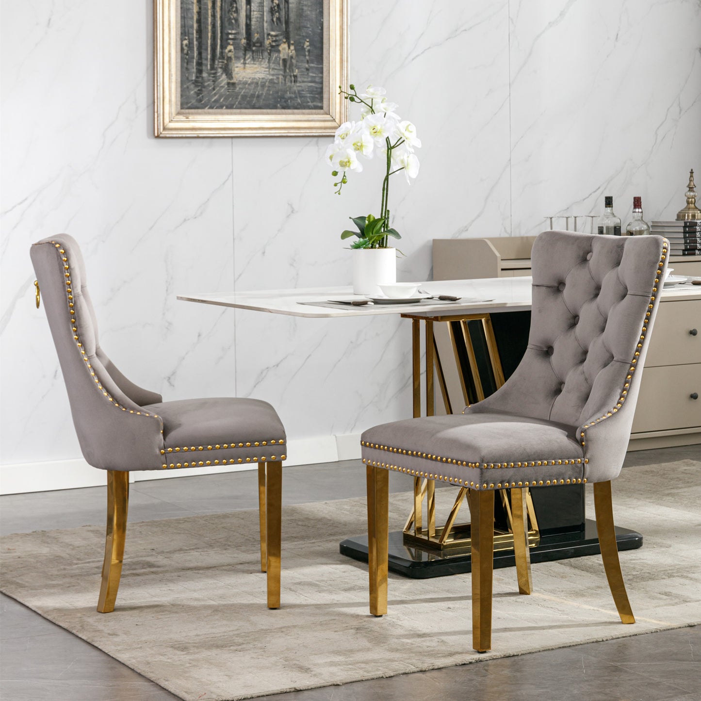 Tufted solid wood velvet cushioned dining chair, gold-plated stainless steel nail leg heads, 2 pieces in gray and gold