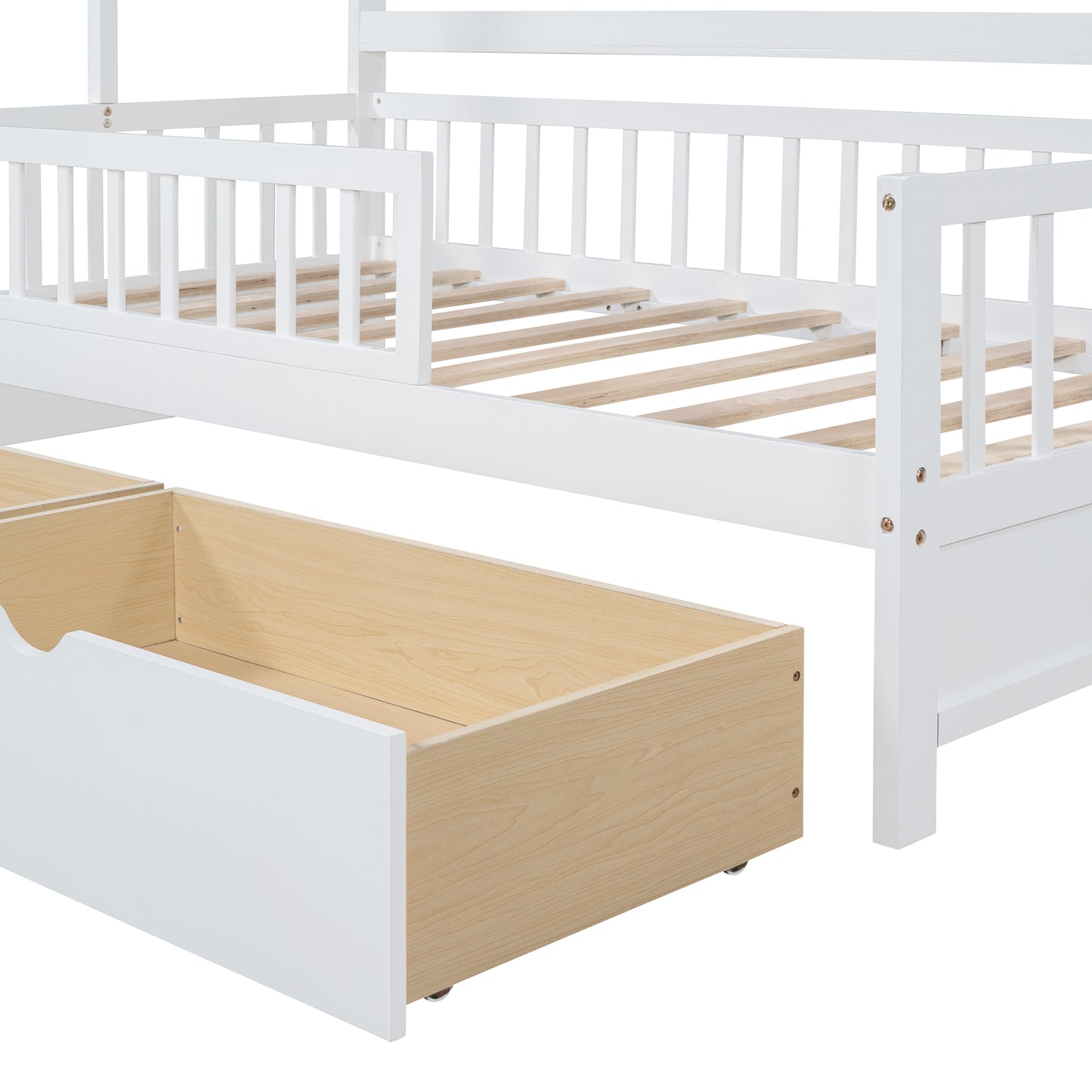 Wooden Twin Size House Bed with 2 Drawers Kids Bed with Storage Shelf White