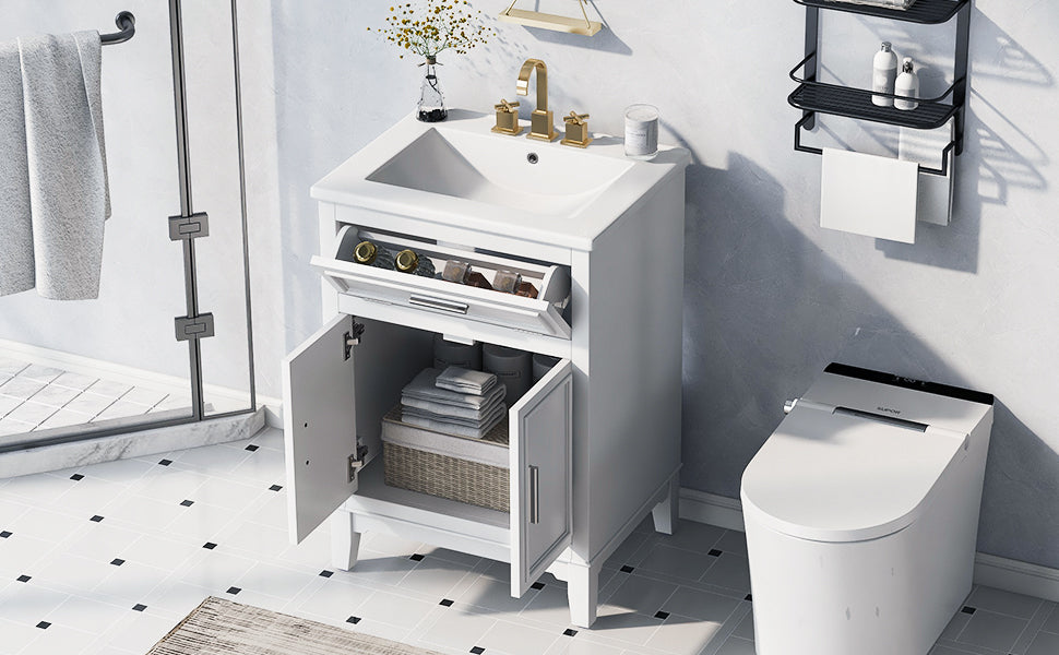 24" Bathroom Vanity with Sink, Solid Wood and MDF Cabinet with One Flip Drawer and Doors, White