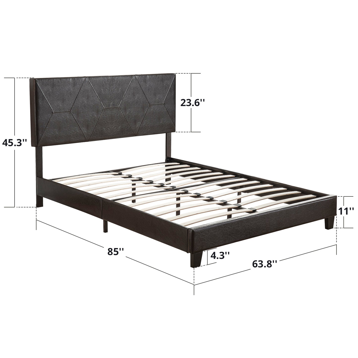 Queen Size Upholstered Platform Bed Frame Wood Slat Support Easy Assembly Black pu