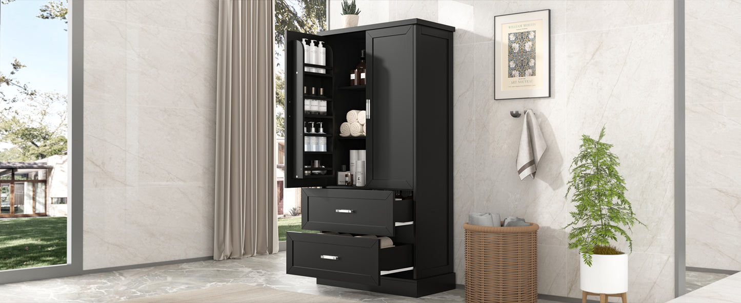 Tall Bathroom Storage Cabinet, Cabinet with Two Doors and Drawers, Adjustable Shelf, MDF Board, Black