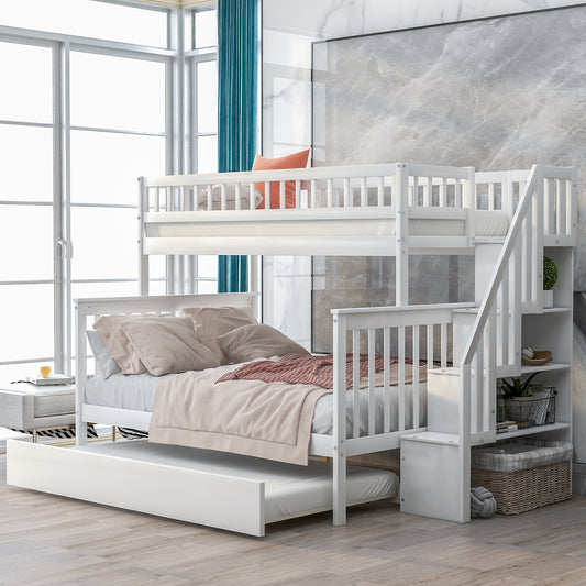 Twin over Full Bunk Bed with Trundle and Staircase White