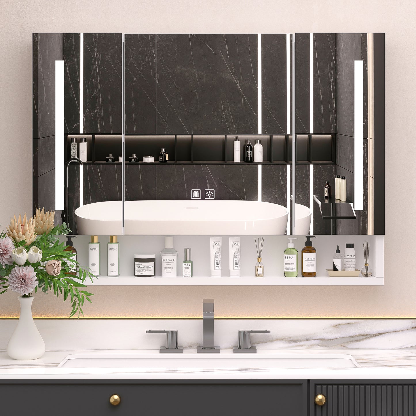 Modern 39x28 inch bathroom cabinets, medicine cabinets with mirrors and LED lights, and bathroom storage cabinets