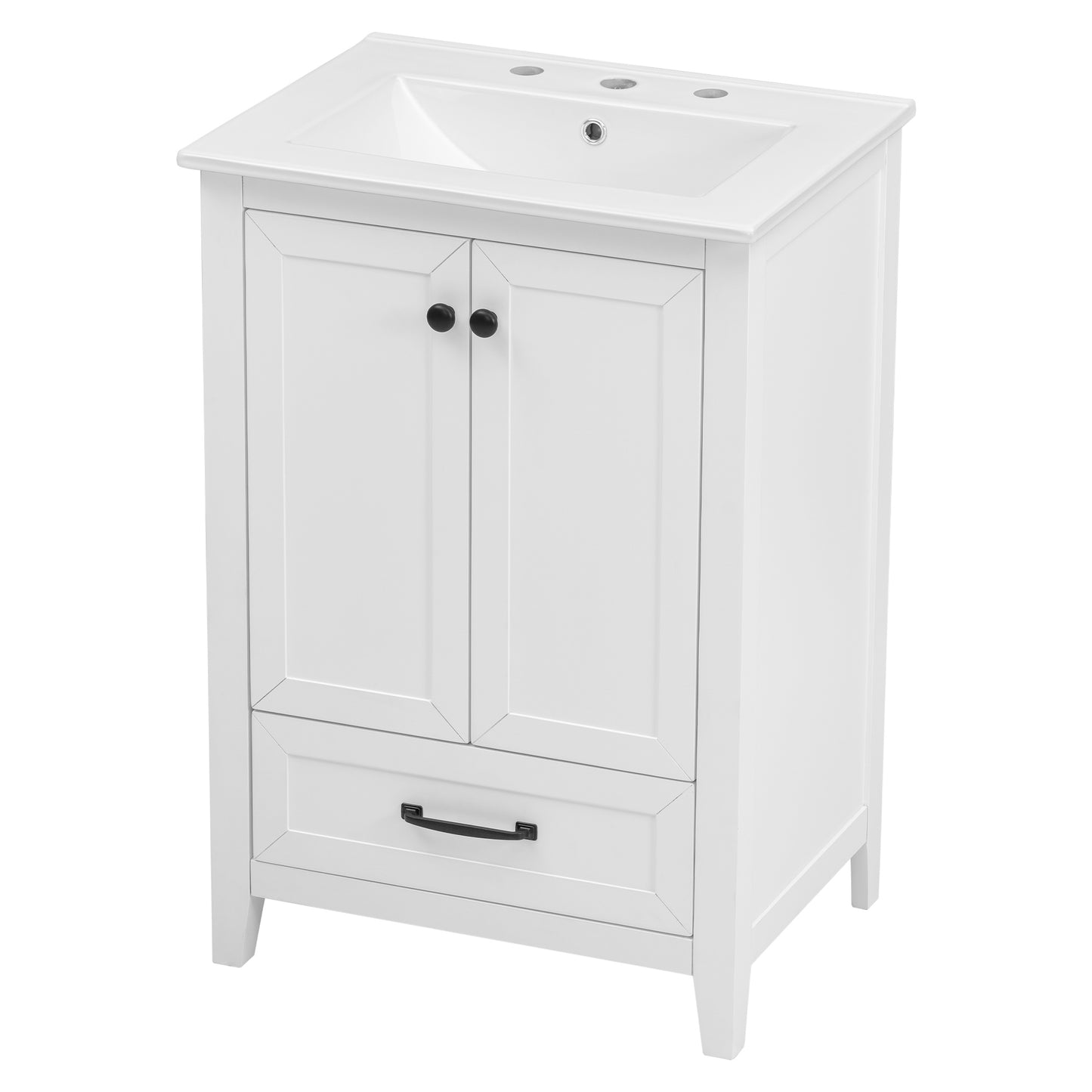 24" Bathroom Vanity with Sink, Solid Wood and MDF Cabinet with One Drawer and Doors, White Finish