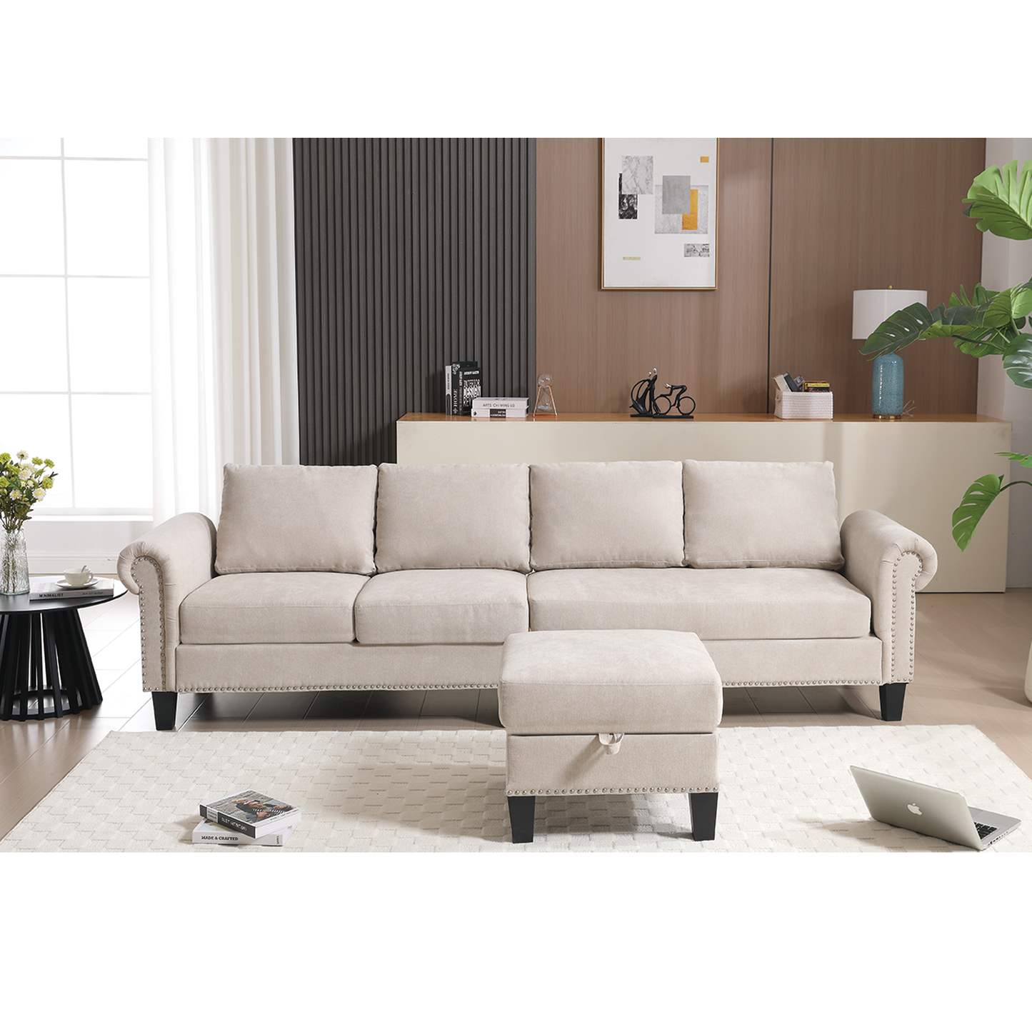 Convertible Sectional Sofa with Storage, L-Shaped Four-Seater Design in Modern Linen Fabric, Beige