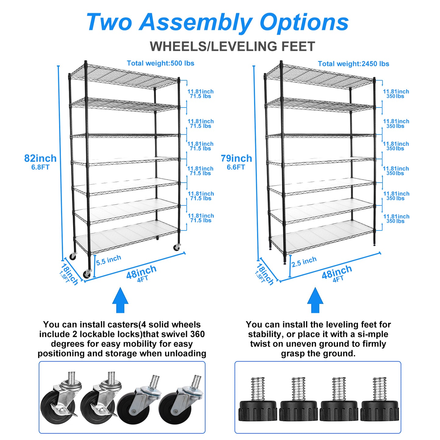 7 Tier Wire Shelving Unit 2450 LBS NSF Height Adjustable Metal Garage Storage Shelves with Wheels Black