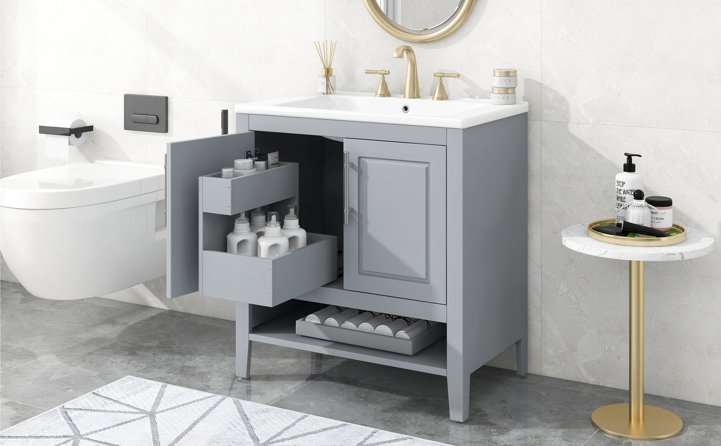 Bathroom Vanity with Sink, Multi-functional Bathroom Cabinet with Doors and Drawers, Solid Frame and MDF Board, Grey