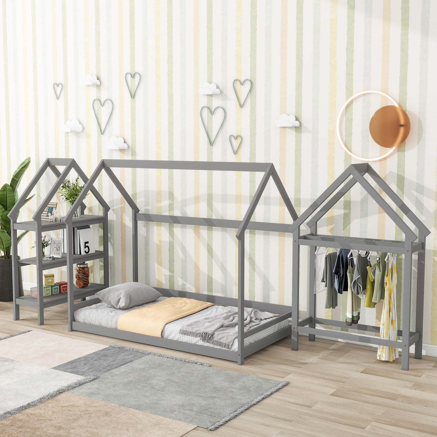 Twin House-Shaped Floor Bed with 2 Detachable Stands Grey