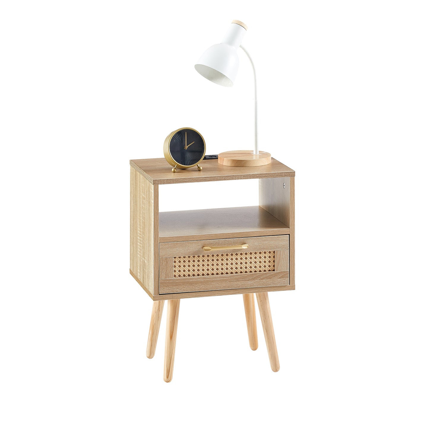 Rattan End table with Power Outlet & USB Ports Modern nightstand with drawer and solid wood legs