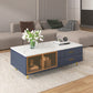 Modern Navy Blue Coffee Table with 2 Glass Door Storage, 4 Drawers, Gold Metal Legs, and Multi-Color Lighting in 47.2''