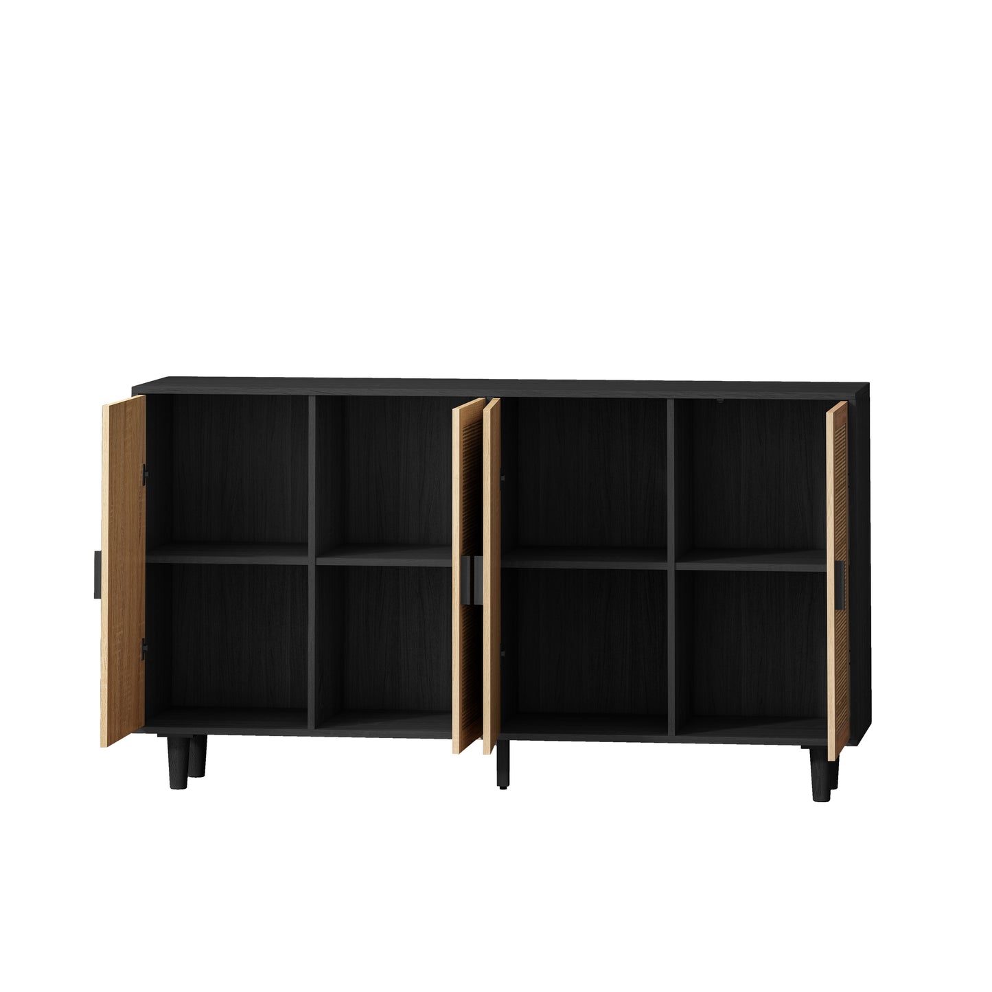 Elegante armario de almacenamiento de ratán de 4 puertas de 62,20", diseño decorativo para dormitorios, salas de estar y oficinas, color negro