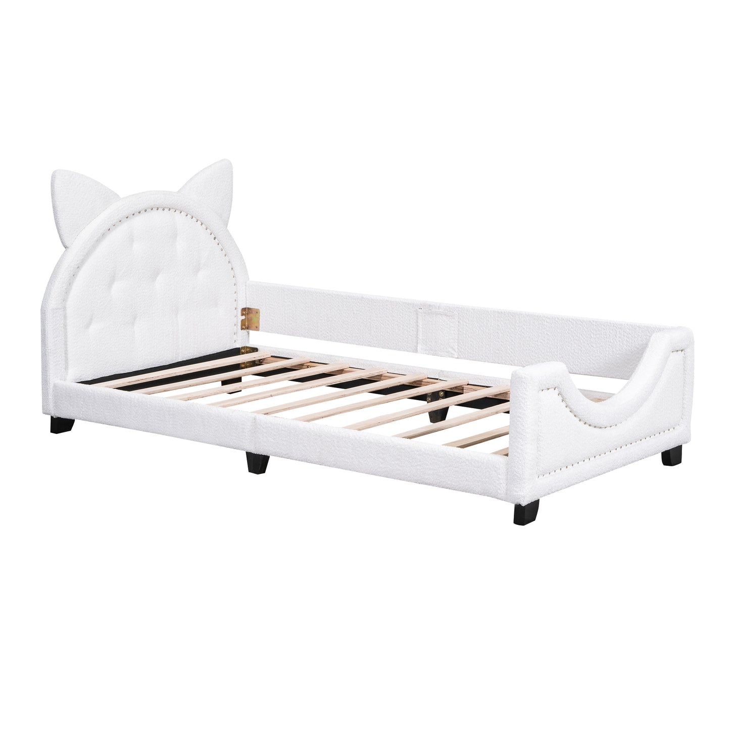 Teddy Fleece Twin Size Upholstered Daybed with Carton Ears Shaped Headboard  White