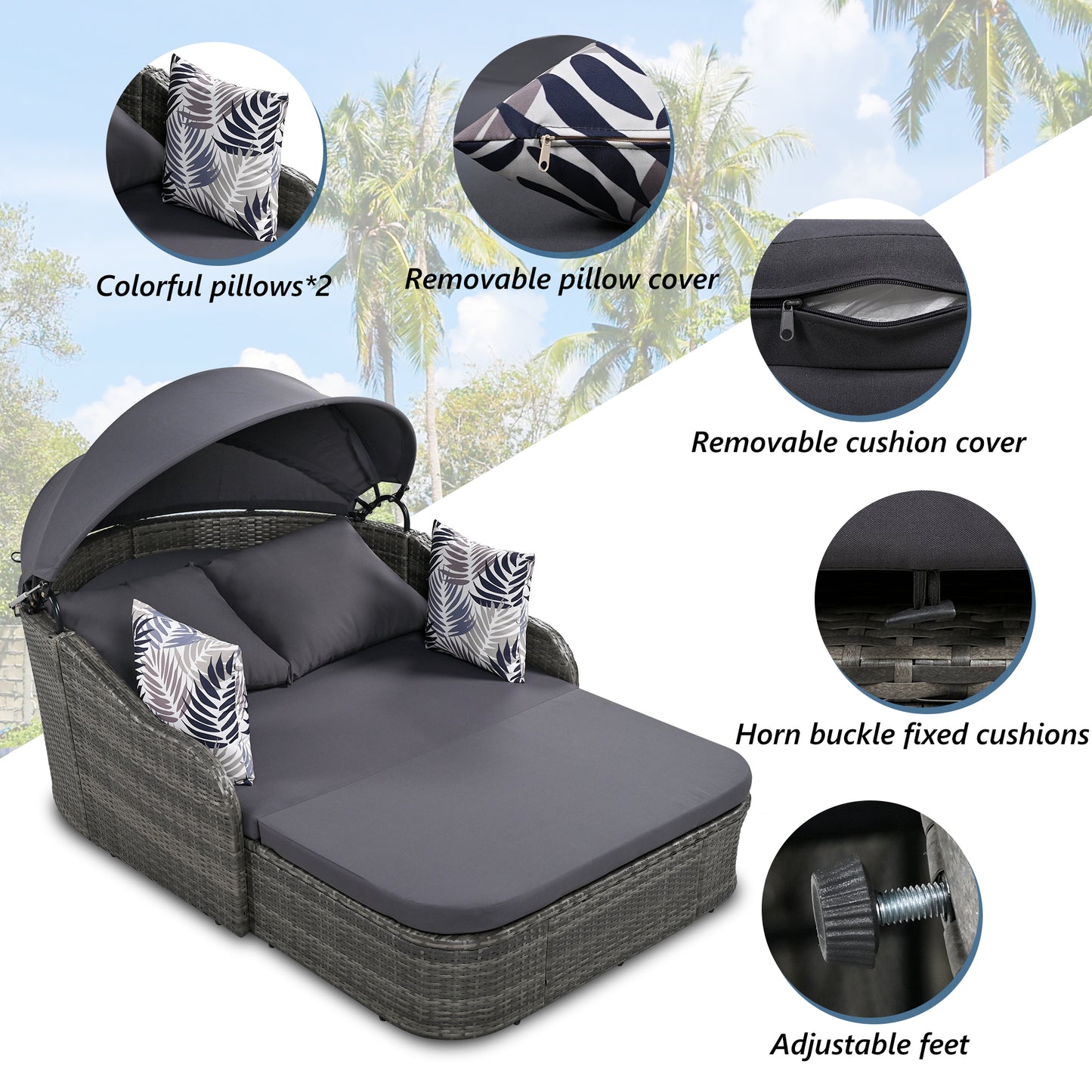 GO 79.9" Outdoor Sunbed with Adjustable Canopy, Double Lounge in Gray Wicker and Cushion