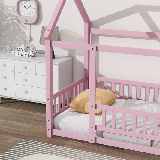 Twin Size Floor Wooden Bed with House Roof Frame, Fence Guardrails,Pink