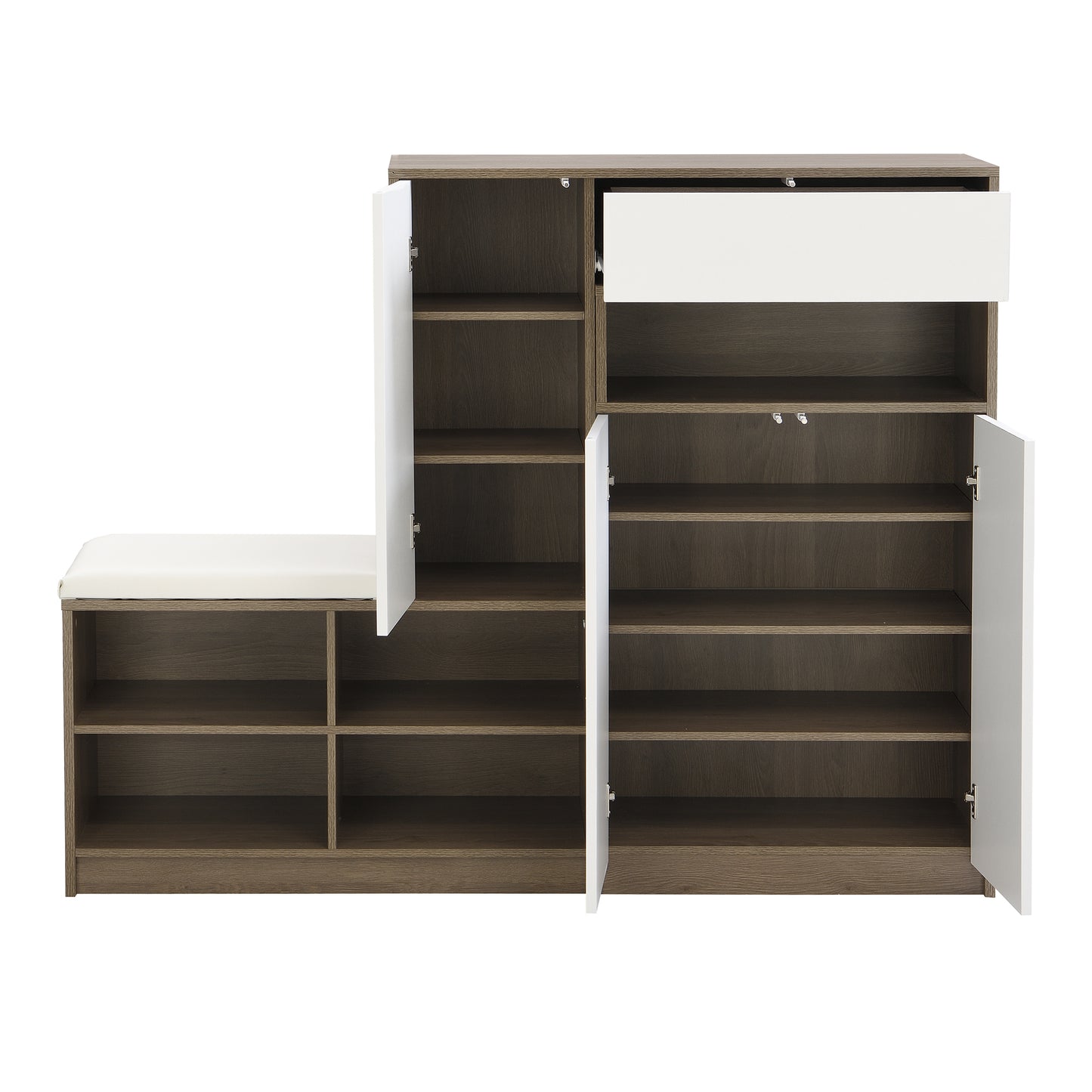 ON-TRANS 2-in-1 Shoe Storage Platform and Cabinet with Soft Cushioned Seats and Adjustable Shelves, White