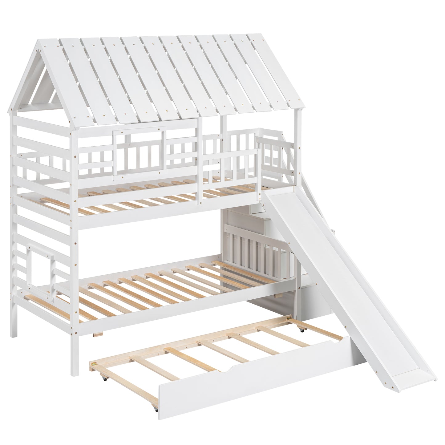 Twin over Twin House Bunk Bed with Trundle and Slide Storage Staircase Roof and Window Design  White