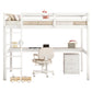 Twin Loft Wood Bed with Built-In Desk, Storage Cabinet, Guardrails, and Ladder, White Finish