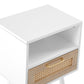 Rattan End table with drawer and solid wood legs Modern nightstand side table for living room white