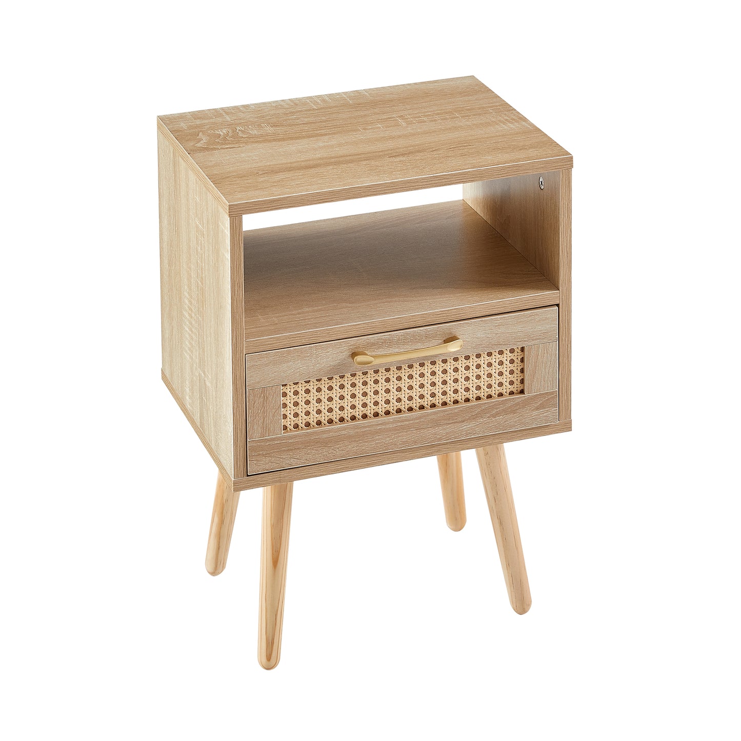 Rattan End table with drawer and solid wood legs Modern nightstand side table for living room natural