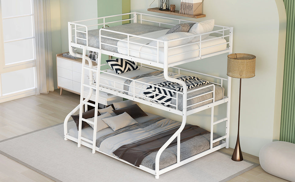 Full XL over Twin XL over Queen Size Triple Bunk Bed with Long and Short Ladder White