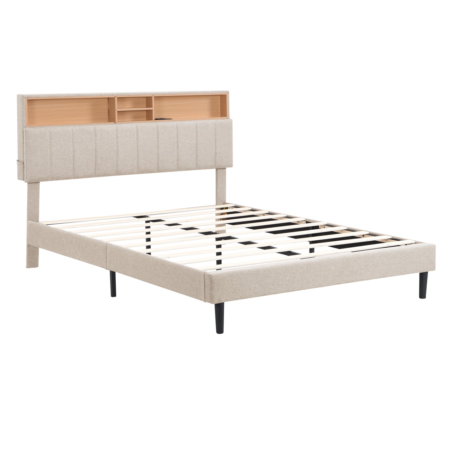 Queen Size Upholstered Platform Bed with Storage Headboard and USB Port Linen Fabric Upholstered Bed (Beige)