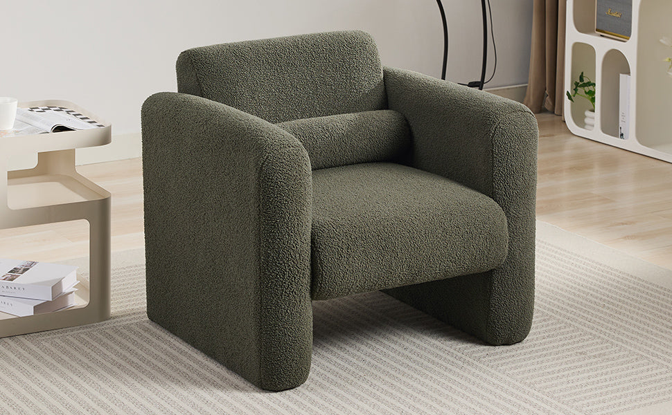 Modern Chair with Sheepskin Sherpa Fabric, Soft Cushion Armchair in Seaweed Green for Living Rooms