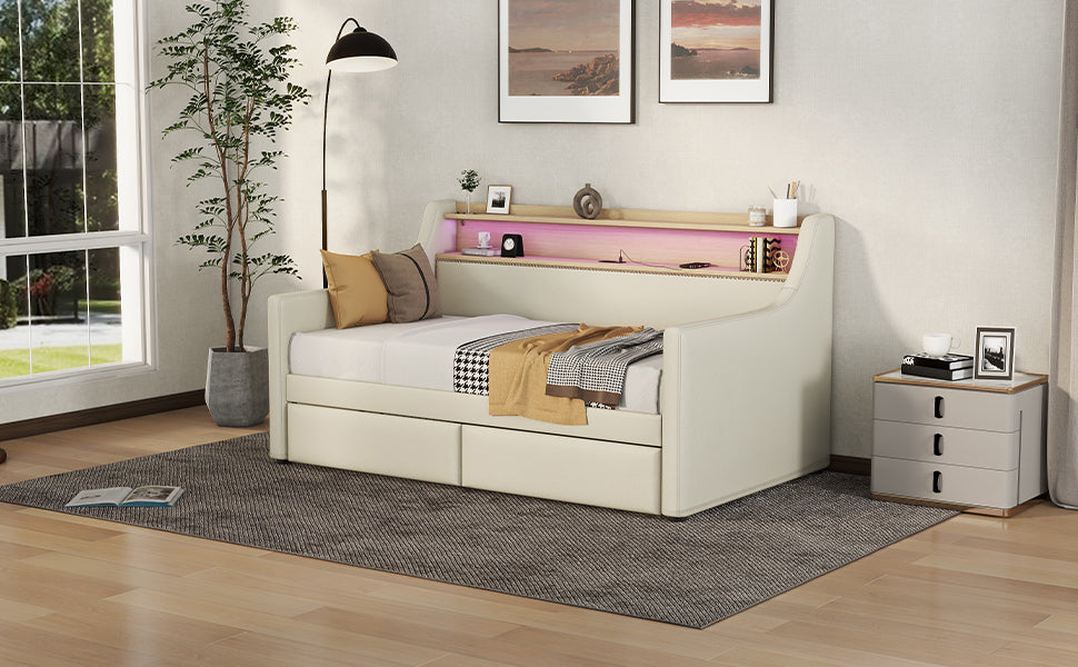 Twin Size Daybed with Storage Drawers, Upholstered Daybed with Charging Station and LED Lights, Beige