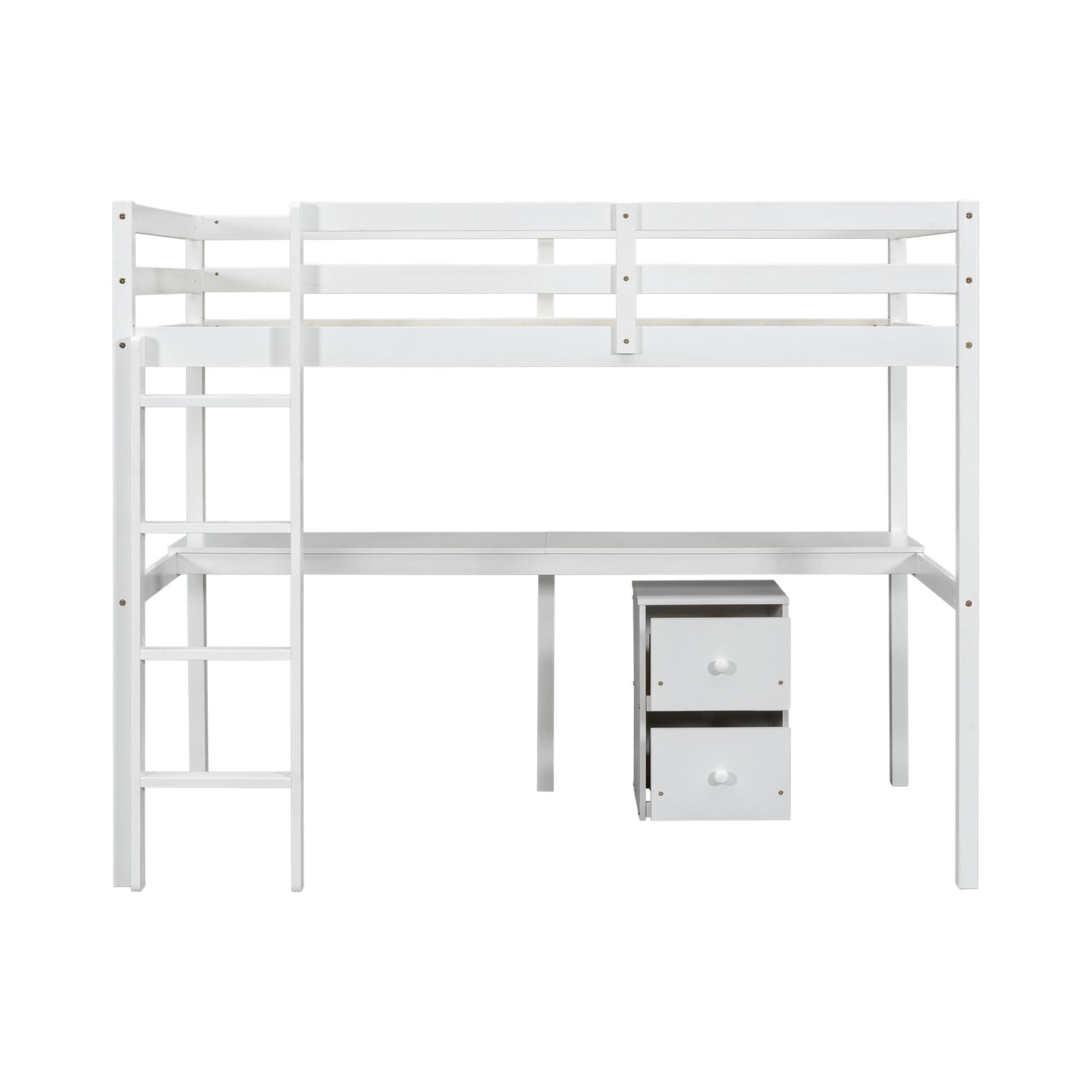 Twin Loft Wood Bed with Built-In Desk, Storage Cabinet, Guardrails, and Ladder, White Finish