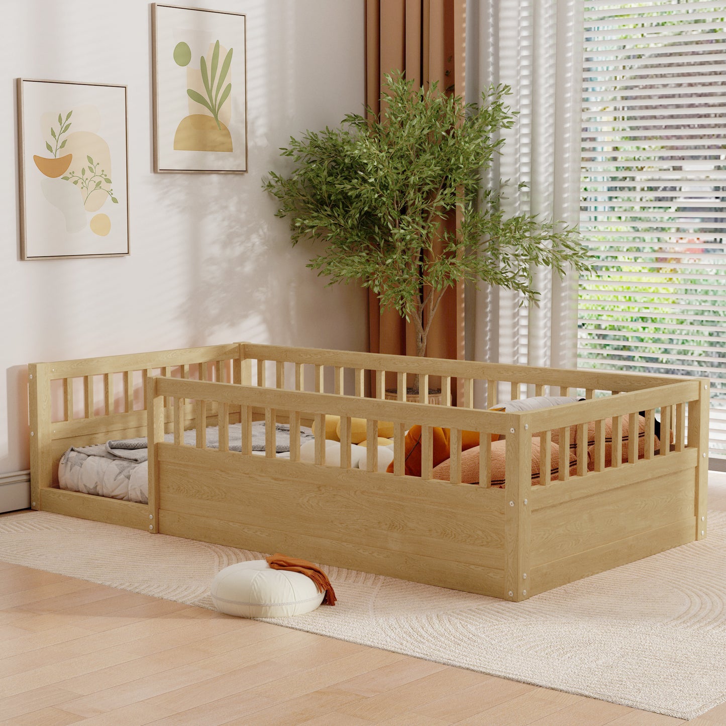 Twin Floor Bed Frame with Fence, Wood Kids Floor Beds Frame for Bedroom Playroom,Natural