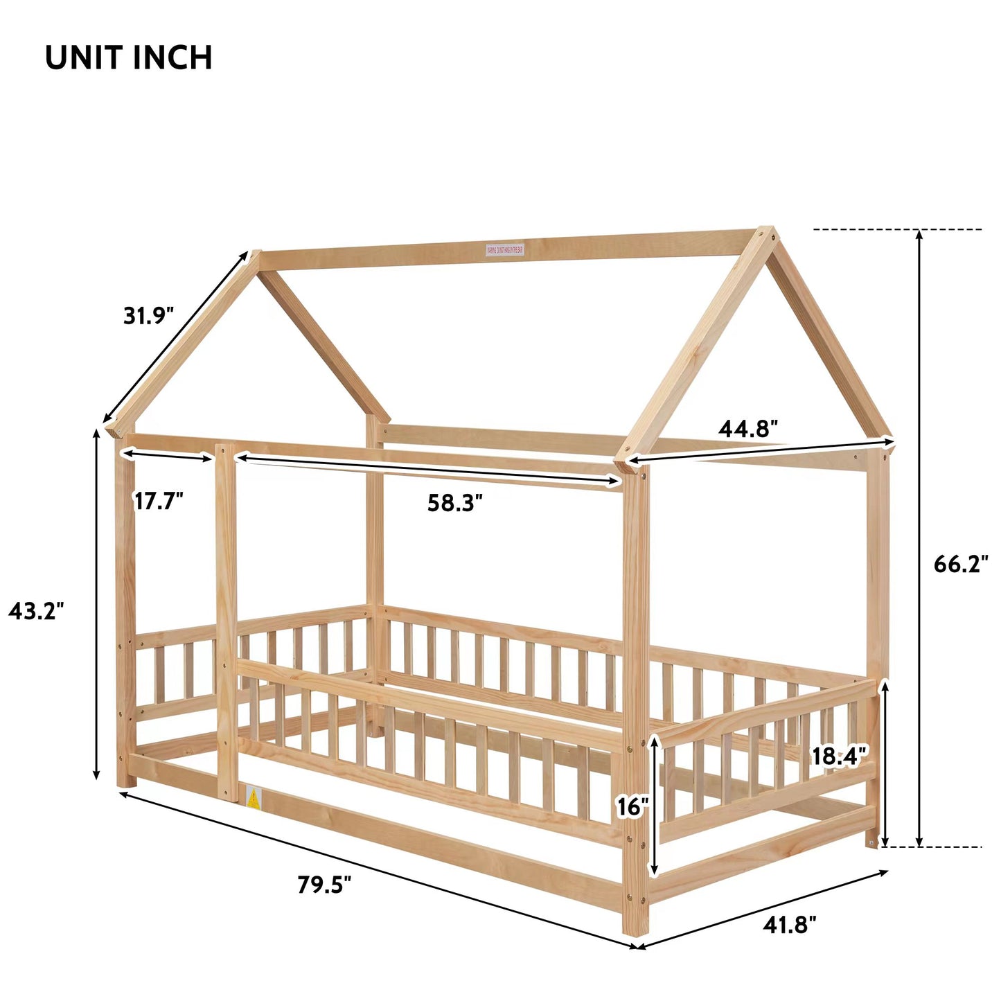 Twin Size Floor Wooden Bed with House Roof Frame, Fence Guardrails