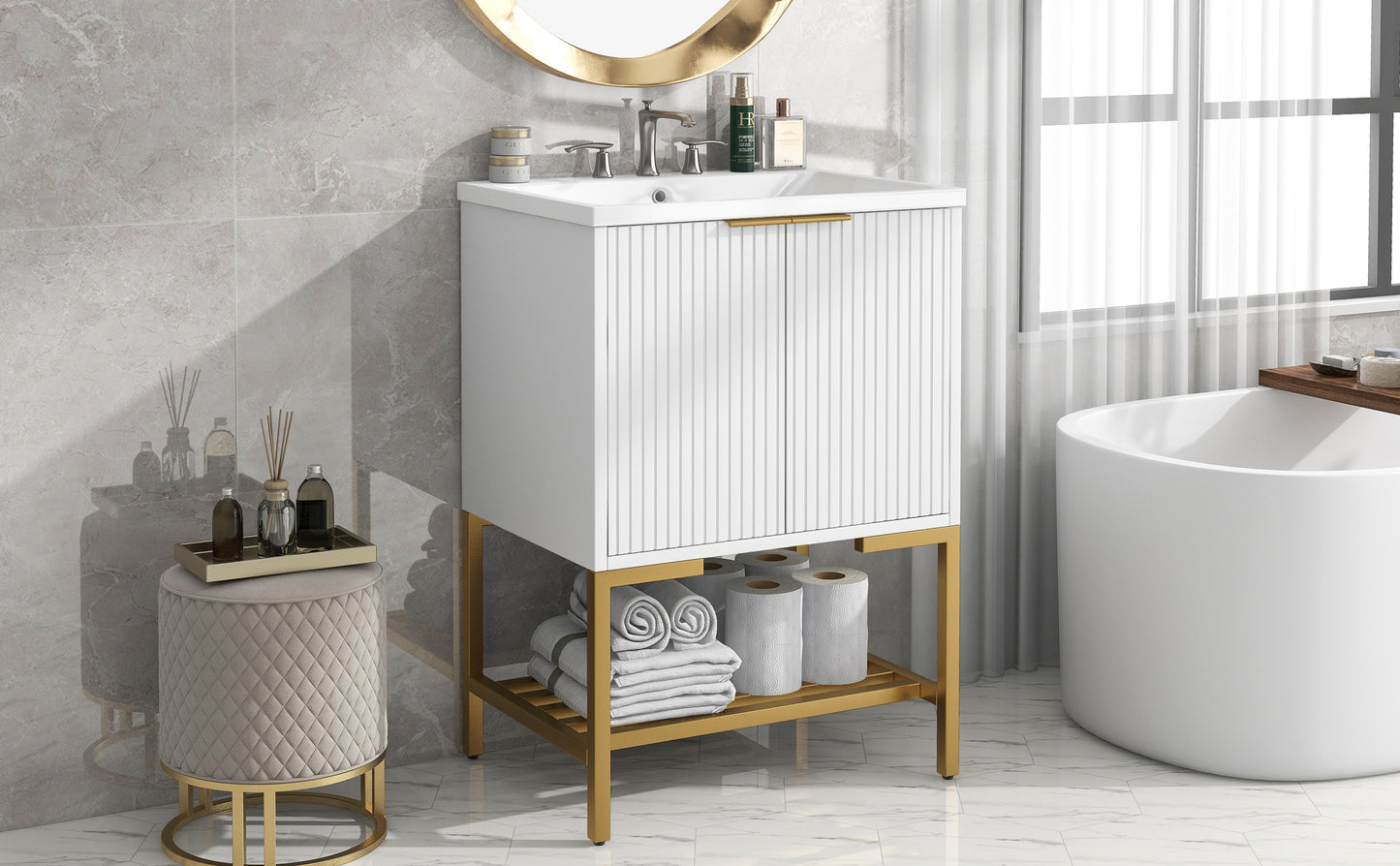 Bathroom Vanity with Sink, Bathroom Vanity Cabinet with Two Doors and Gold Metal Frame, Open Storage Shelf, White