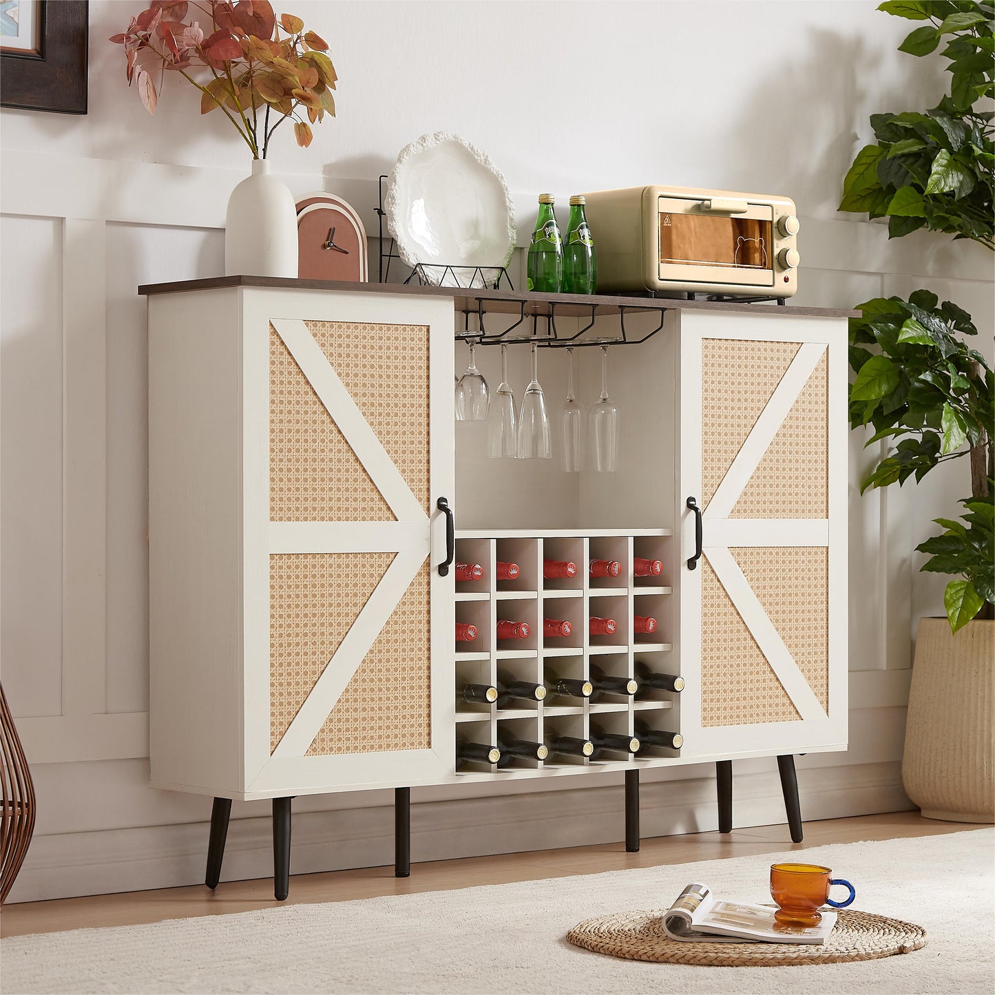 White Faux Rattan Barn Door Wine Cabinet with Wine Rack and Wine Glass Rack, Double Door Design with Removable Shelves