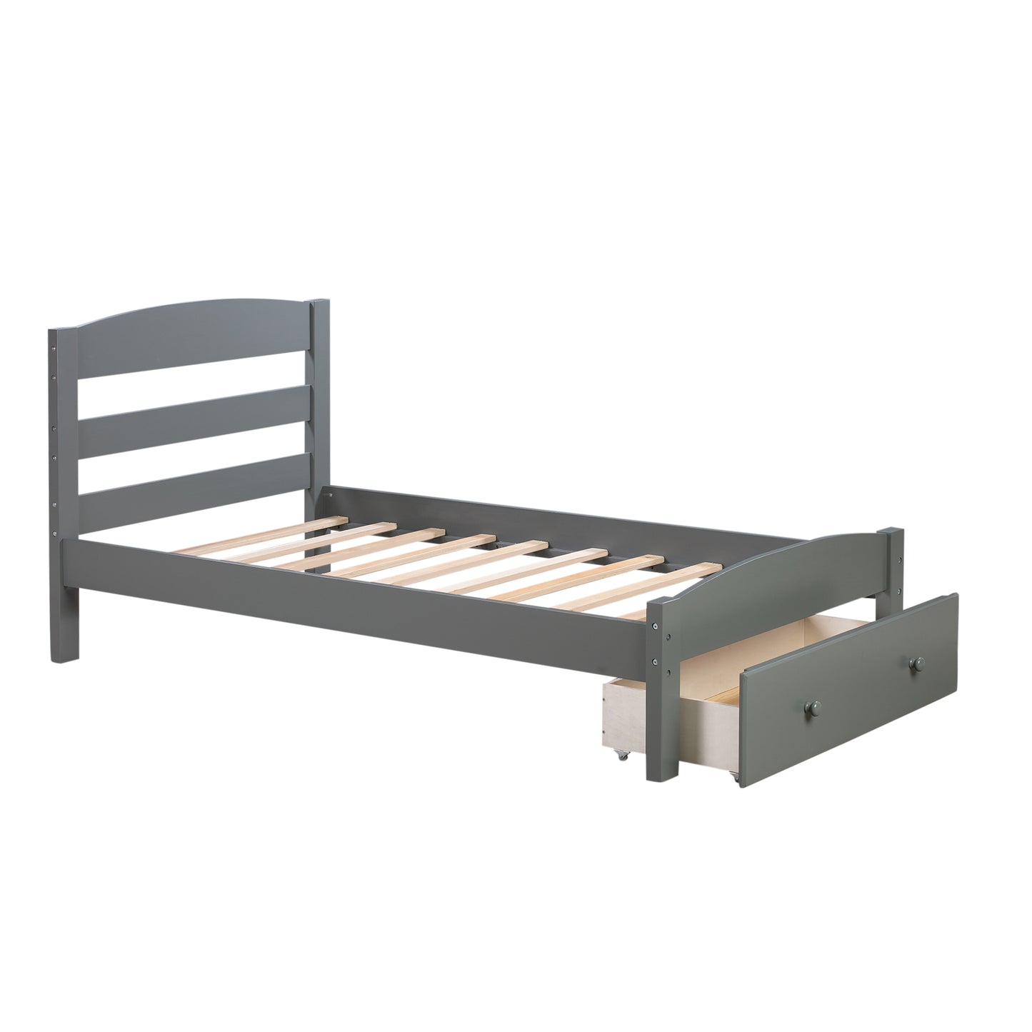 Platform Twin Bed Frame with Storage Drawer and Wood Slat Support No Box Spring Needed Gray