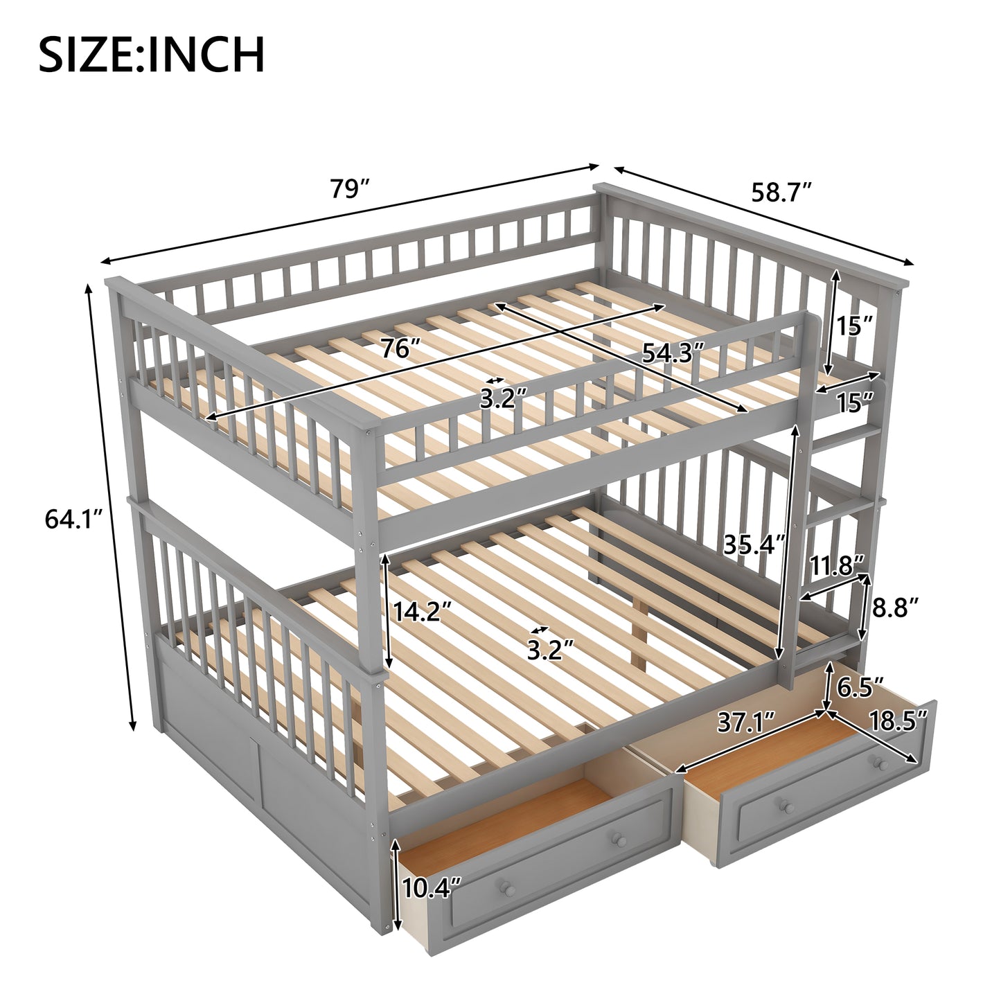 Full over Full Bunk Bed with Drawers, Convertible Beds  Gray