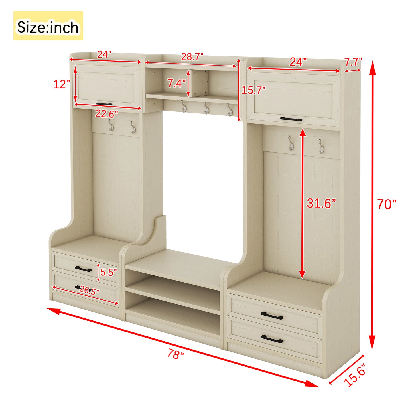 Four in one detachable hall tree with drawers and cabinets, 7 hooks, multifunctional corridor hangers, antique beige shoe stools