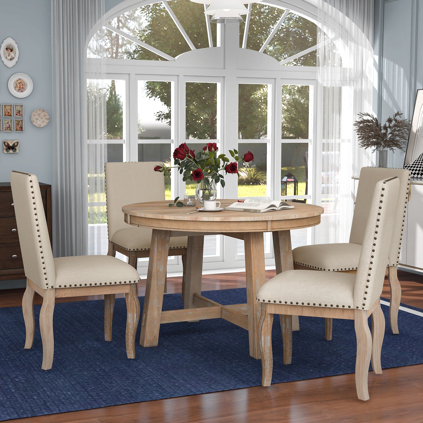 TREXM 5-Piece Farmhouse Dining Table Set with Round Extendable Table and 4 Upholstered Chairs, Natural Wood Wash