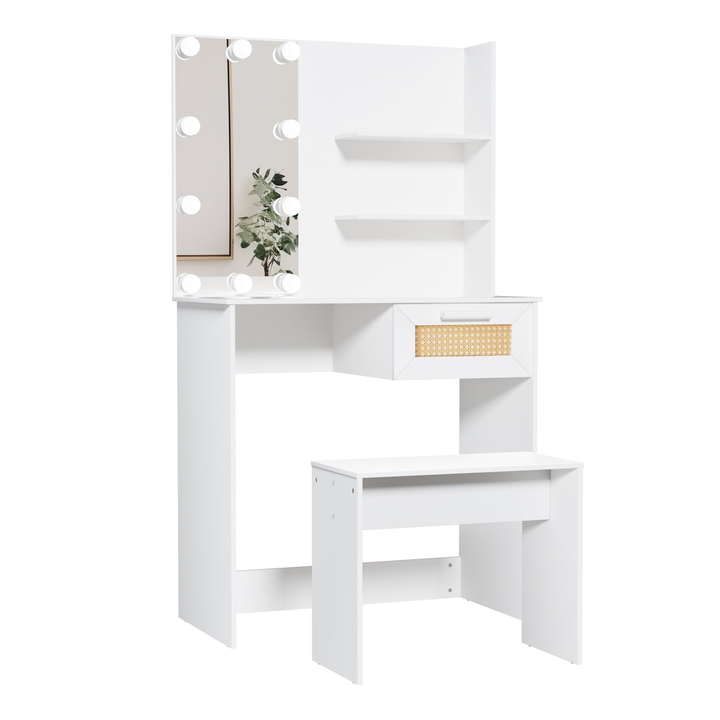 Vanity Desk Set Stool & Dressing Table with LED Lighting Mirror Drawer and Wood Cosmetic Table Chest of Drawers White Color