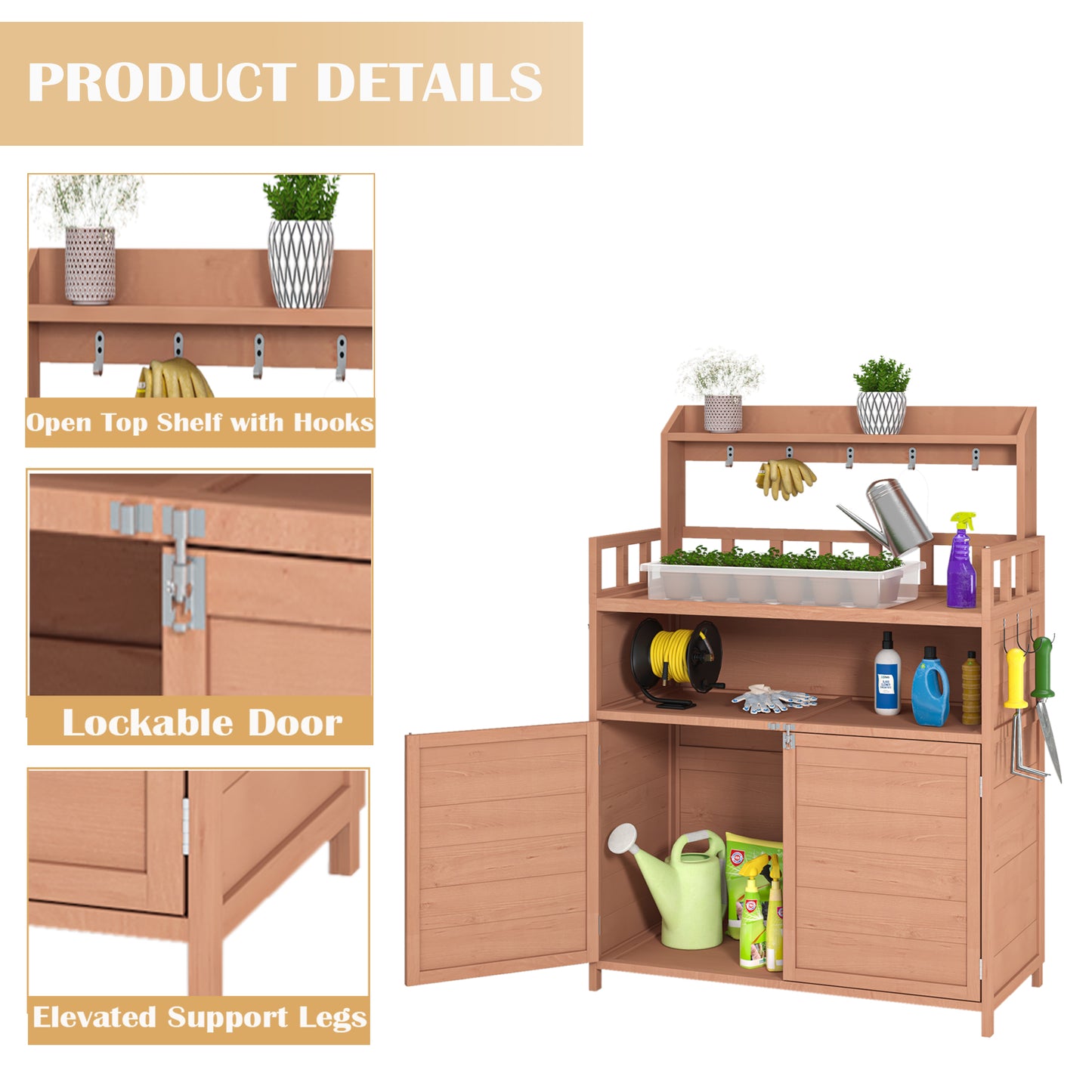 Outdoor gardening workbench with large storage cabinets and a rooftop terrace