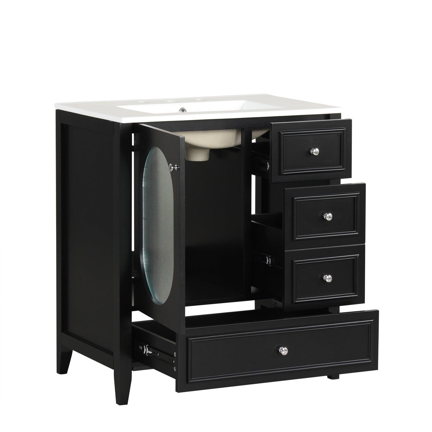 Bathroom Vanity with Sink, Bathroom Vanity Cabinet with Three Drawers and Door, Solid Wood and MDF, Black